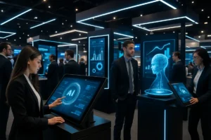 Visitantes da CES 2026 interagem com robôs e telas gigantes que exibem soluções Martech impulsionadas por IA.